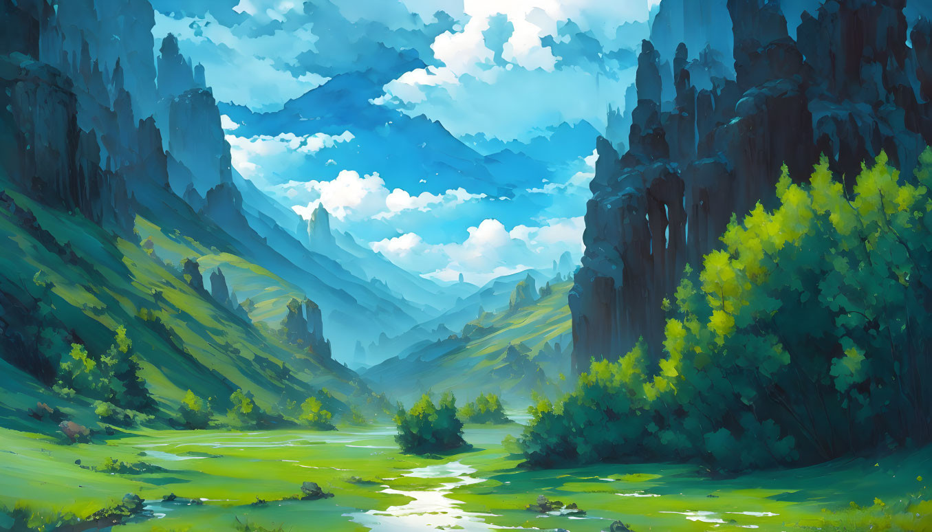 Vibrant landscape painting: towering cliffs, lush greenery, clear stream