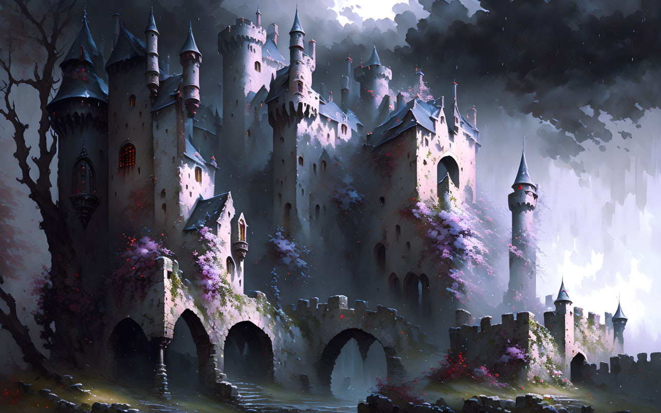 Majestic fantasy castle with spires, moat, stormy skies, and purple trees