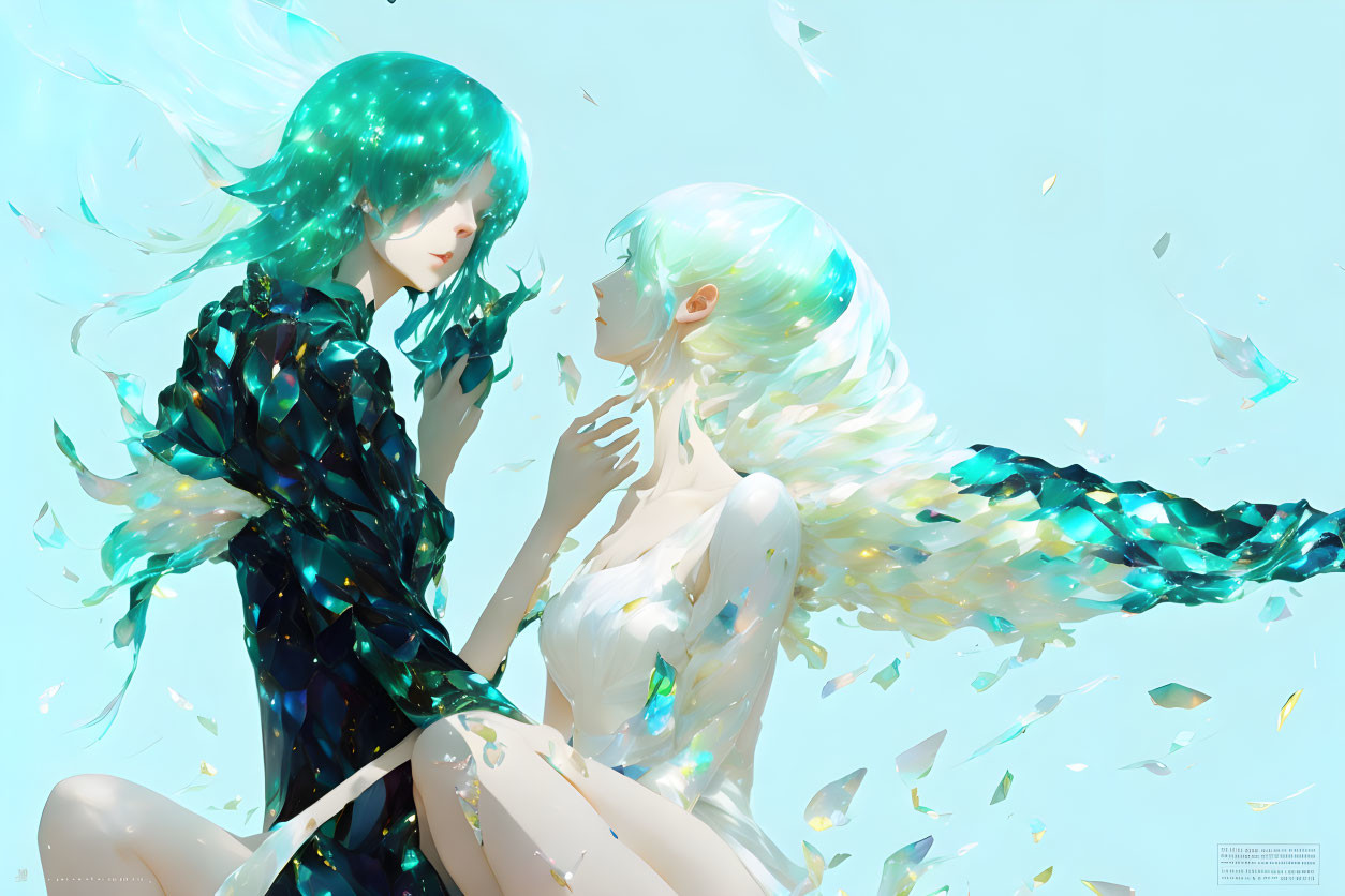 Ethereal animated characters with flowing hair and iridescent clothing in intimate gaze