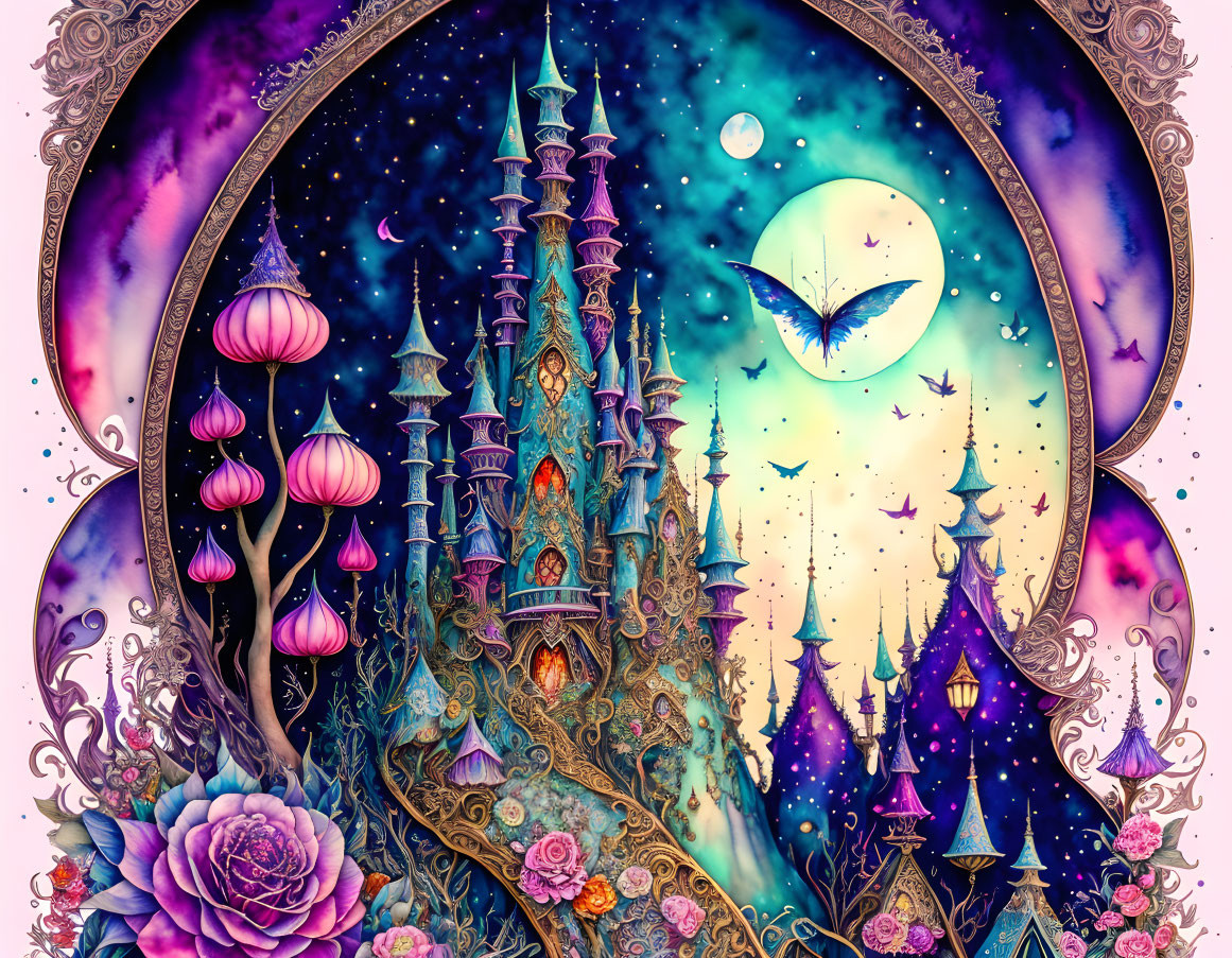 Fantasy illustration of enchanted castle under starry sky