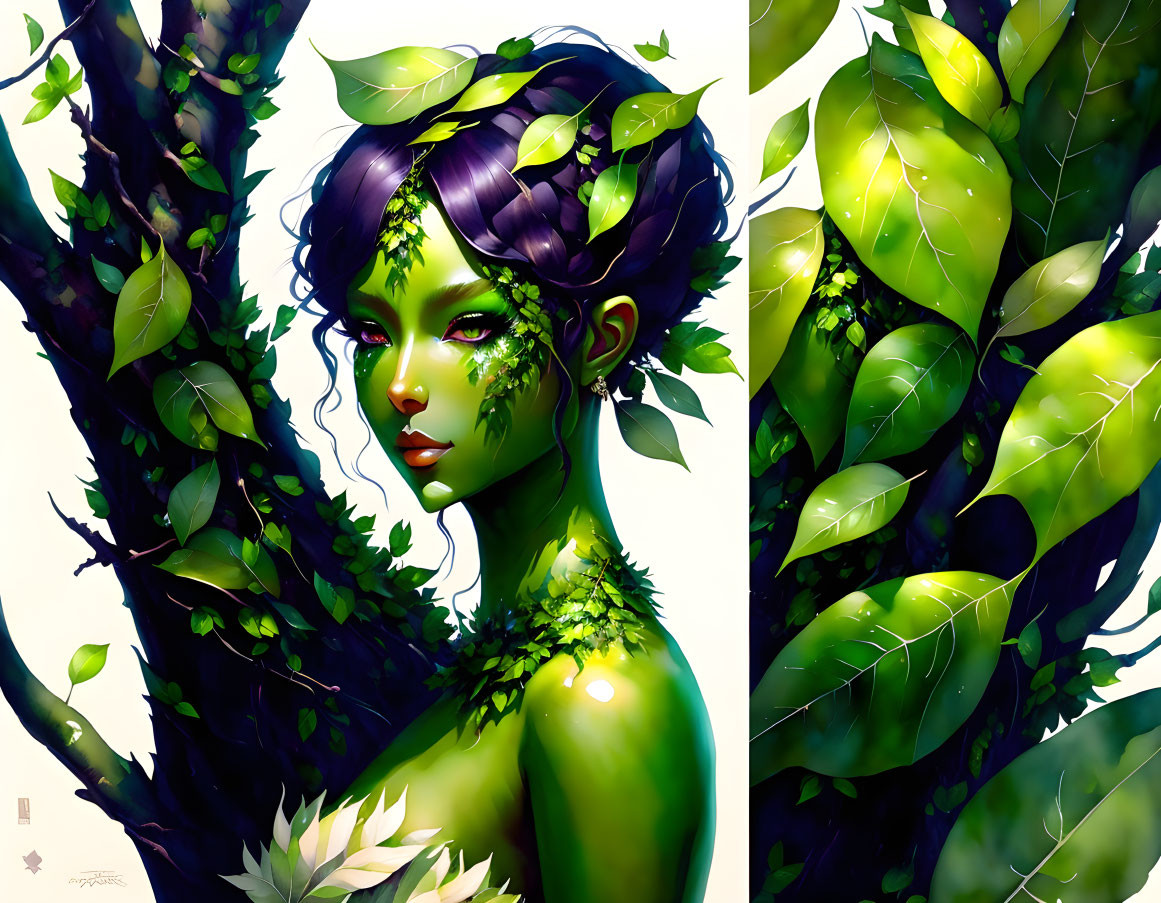 Green-skinned female nature spirit illustration with leafy adornments in lush foliage setting