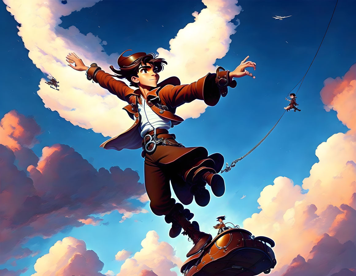 Animated character in goggles on rope with flying machine below