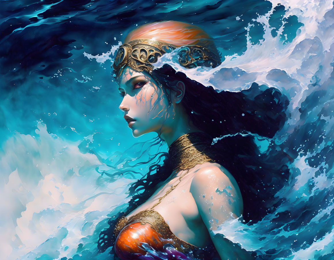 Illustration of oceanic female deity with golden crown and armor in swirling deep blue sea waves