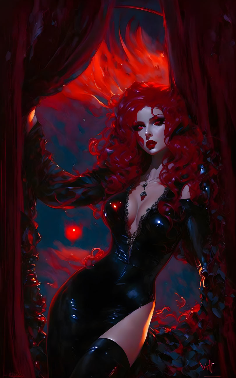 Vibrant red-haired woman in black outfit against fiery backdrop and dark foliage