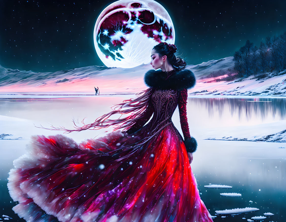 Woman in Red and Black Dress by Snowy Lake Under Ominous Moon