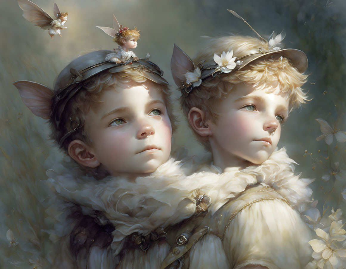 Children with elfin ears and floral crowns surrounded by fairy-like creatures in soft lighting