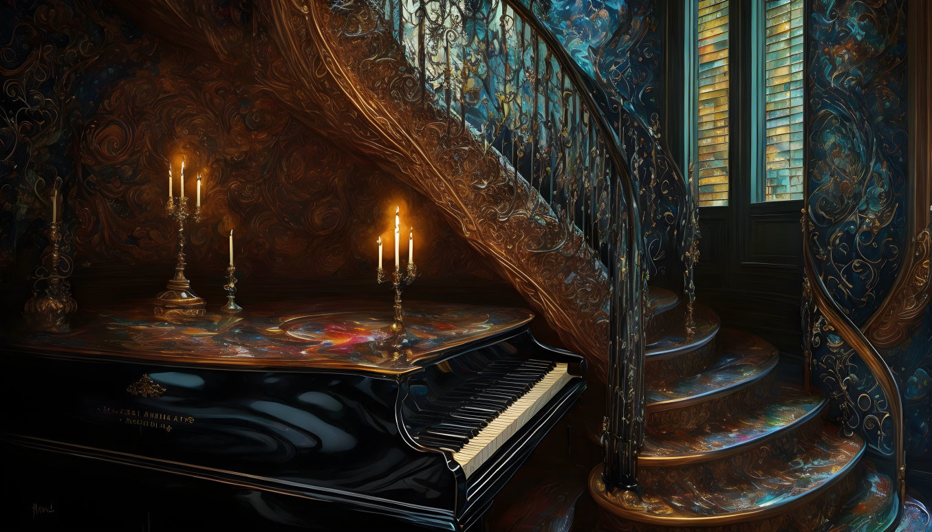 Ornate staircase and grand piano under soft candlelight