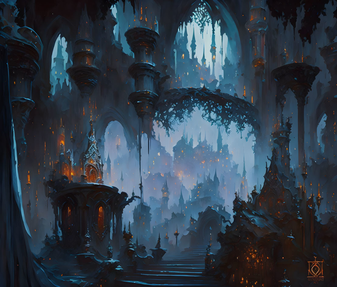 Mystical Gothic cathedral interior with soaring arches and glowing candles in blue and orange hues