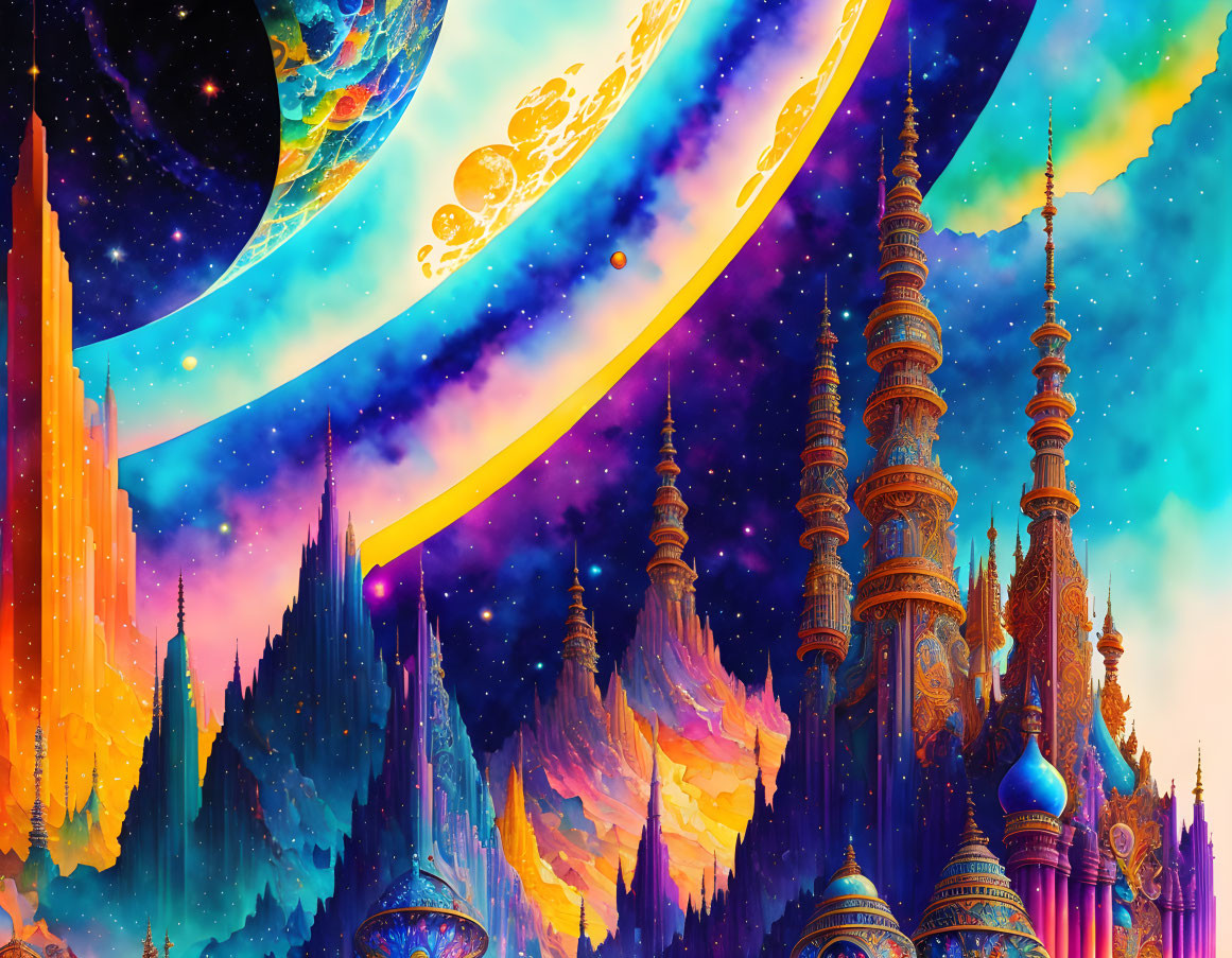 Intricate cityscape with cosmic sky and planets