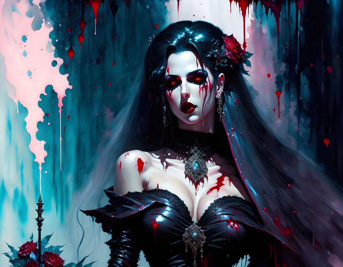 Dark-haired gothic woman in black dress with red eyes and blood splatters on moody blue and