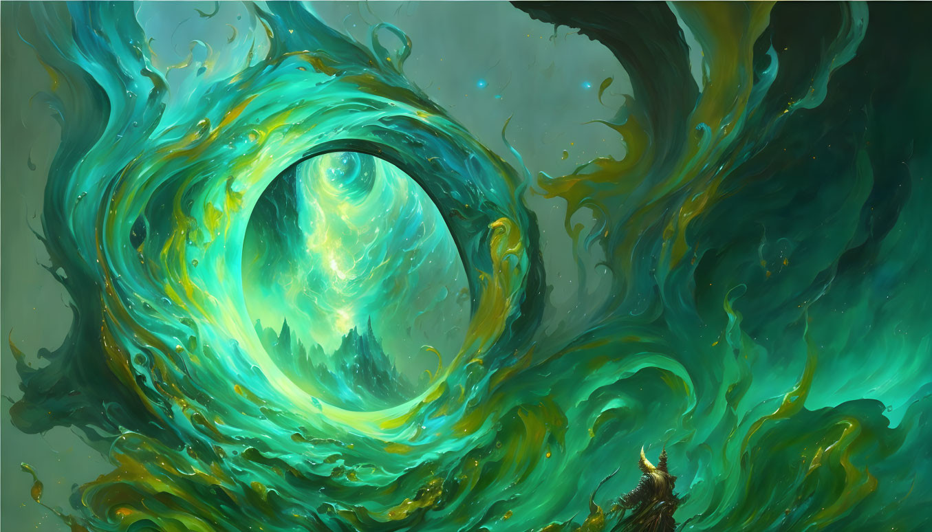 Abstract Digital Painting: Swirling Blue and Green Vortex