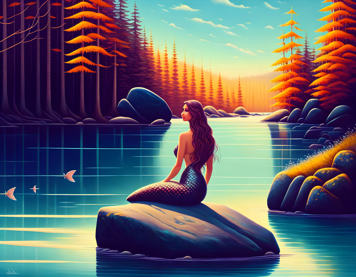 Mermaid on Rock by Serene Lake in Vibrant Forest