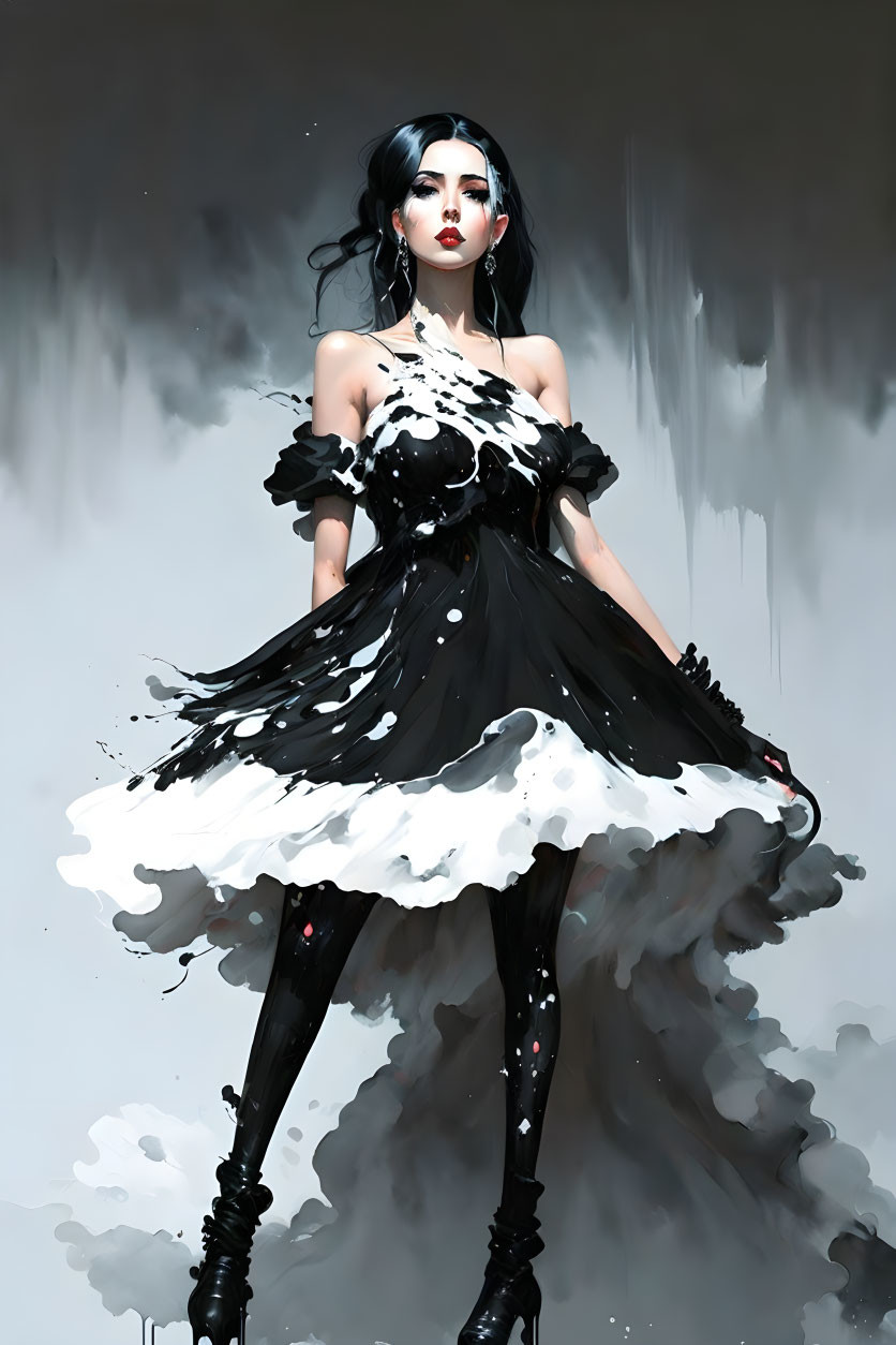 Stylish black and white dress with splatter details on animated woman