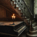 Ornate staircase and grand piano under soft candlelight