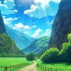 Vibrant landscape painting: towering cliffs, lush greenery, clear stream