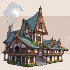 Intricate fairy-tale building with wooden architecture and floral adornments against a backdrop of castles