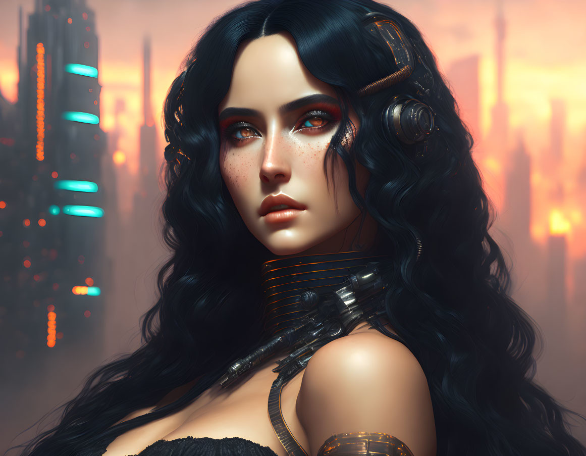 Digital portrait of woman with black hair, red eyes, and futuristic headset against cityscape.