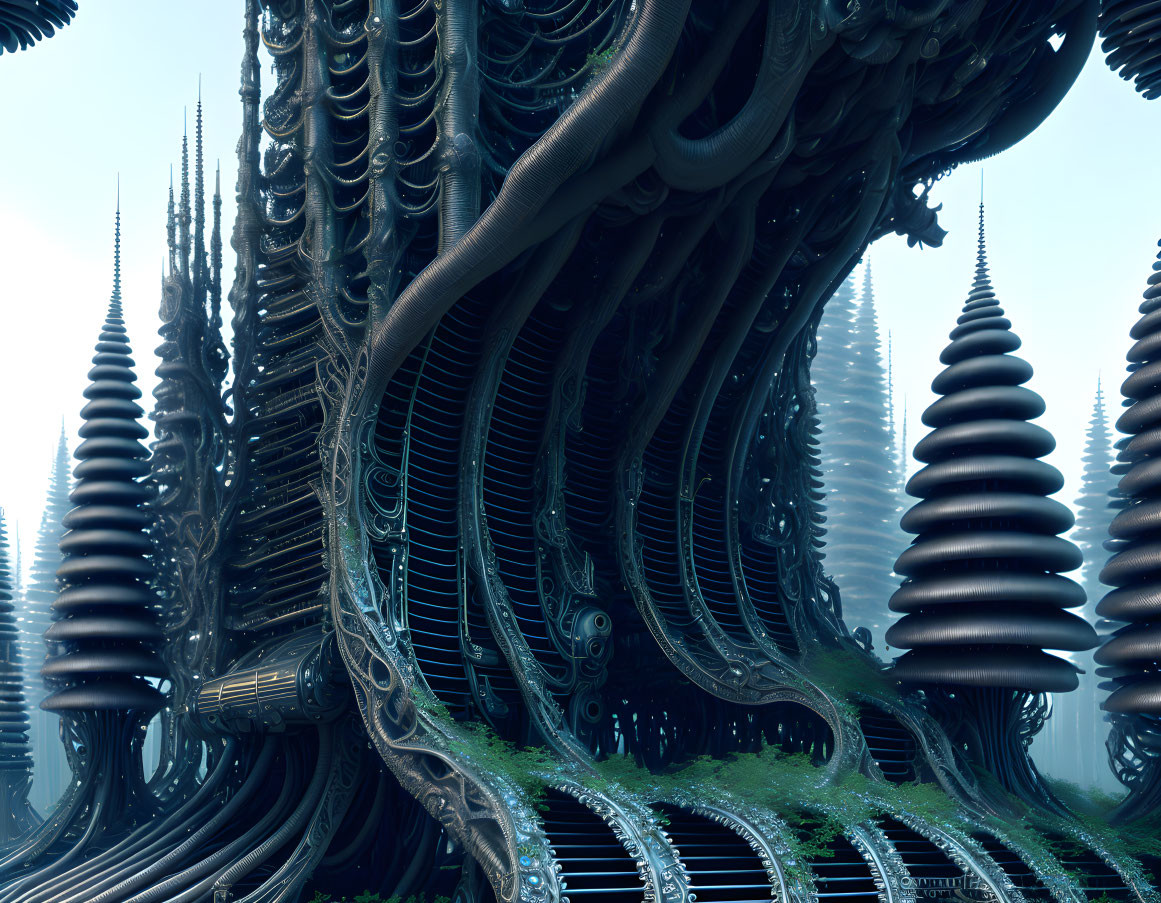 Intricate futuristic towers with spiraling alien-like designs