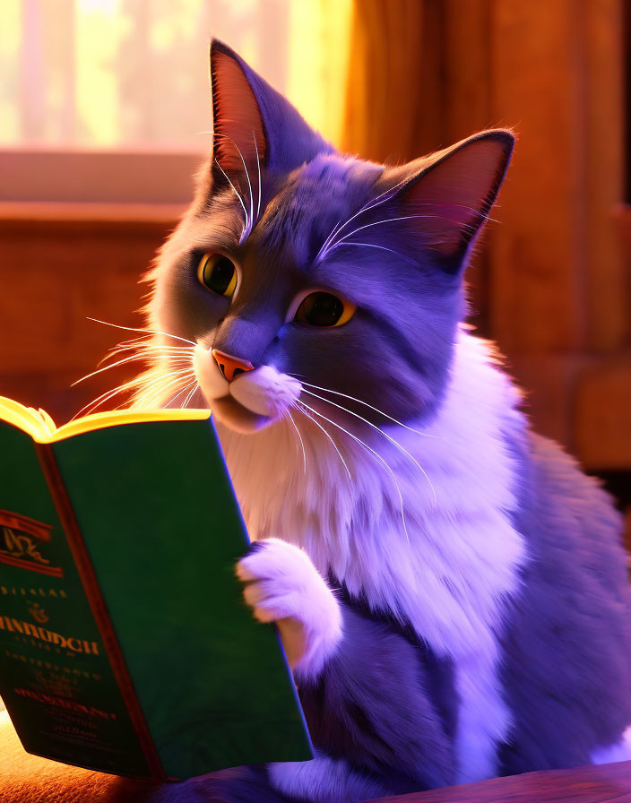 Grey and White Cat Reading Green Book in Golden Light