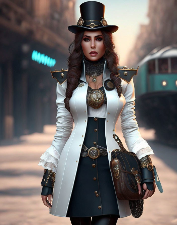 Steampunk woman in top hat and goggles on street with vintage train