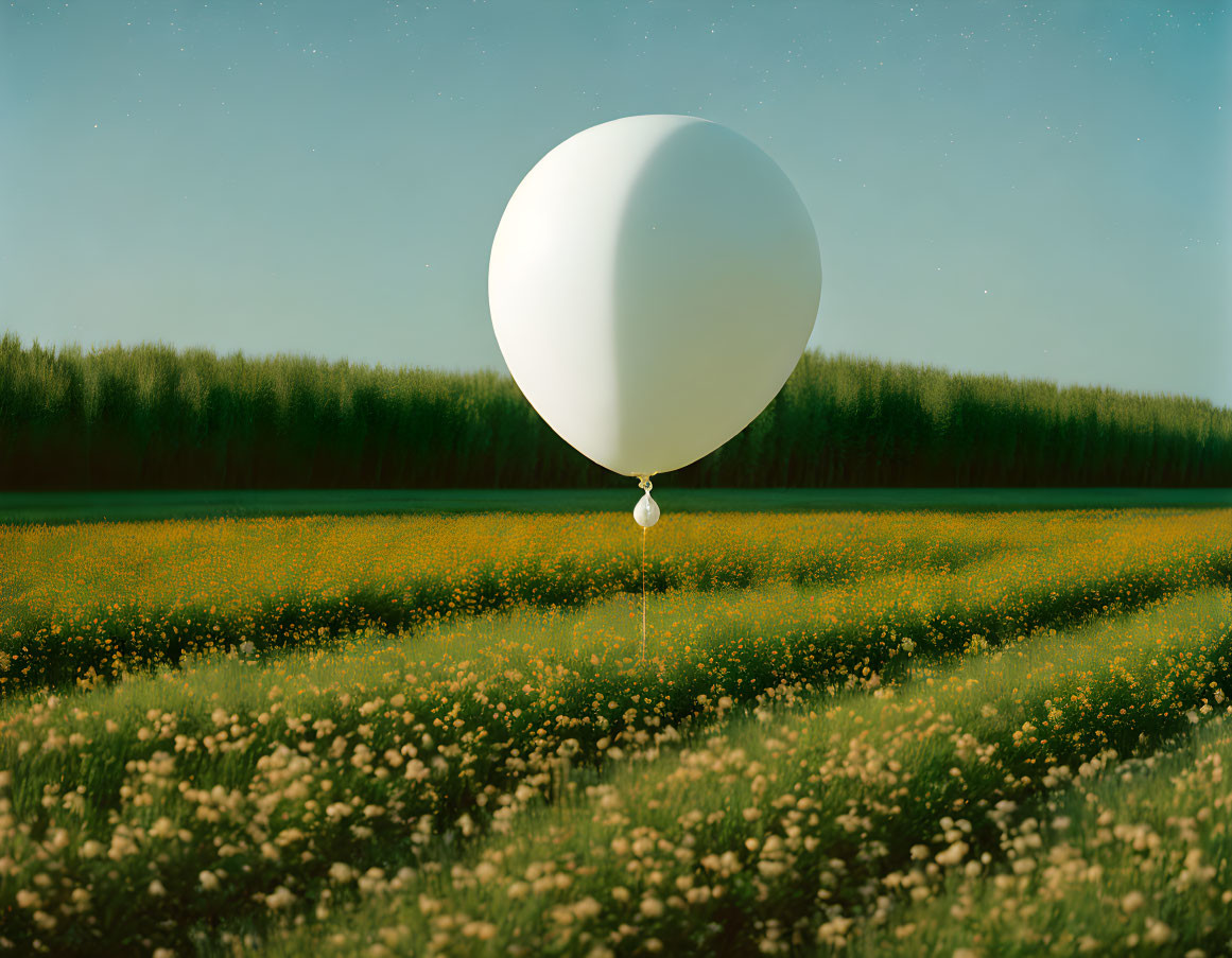 White balloon over yellow flower field and forest under clear sky