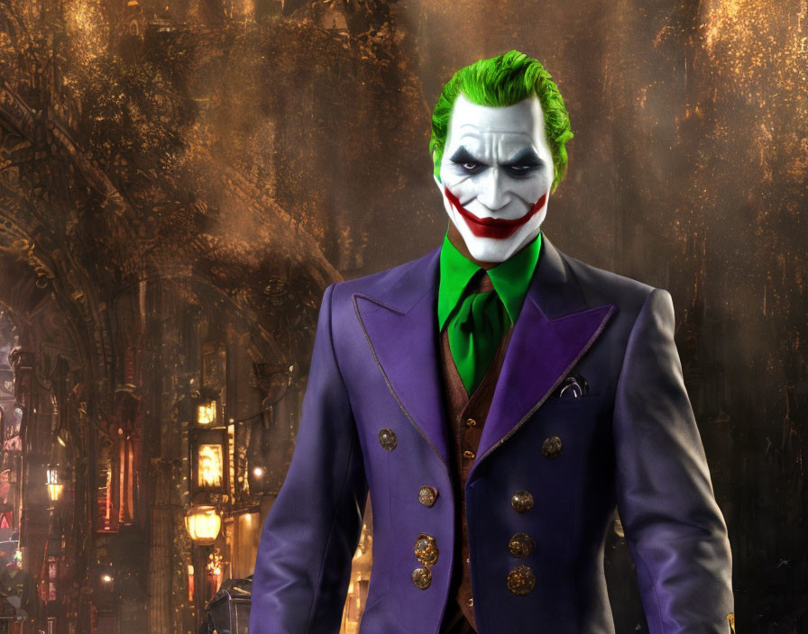 Vivid digital artwork of Joker with green hair and purple suit