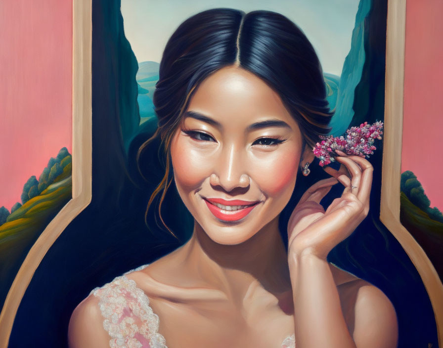 Smiling Woman Holding Flowers in Pink and Blue Landscape