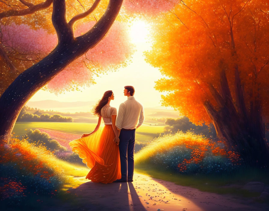 Romantic couple under sunset sky with vibrant nature landscape