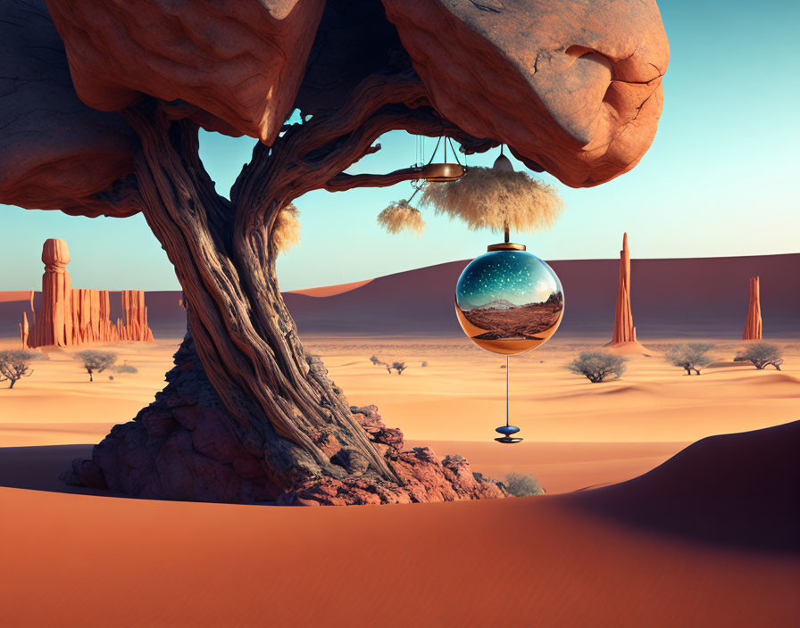 Surreal desert landscape with red sand dunes, rocky formations, and levitating terrarium orb