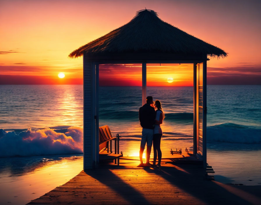 Couple Embracing Under Thatched-Roof Gazebo at Beach Sunset