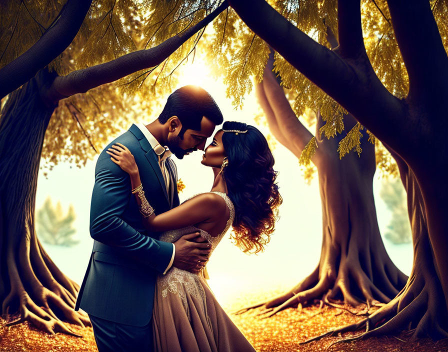 Romantic couple under golden leaf canopy in sunlight.