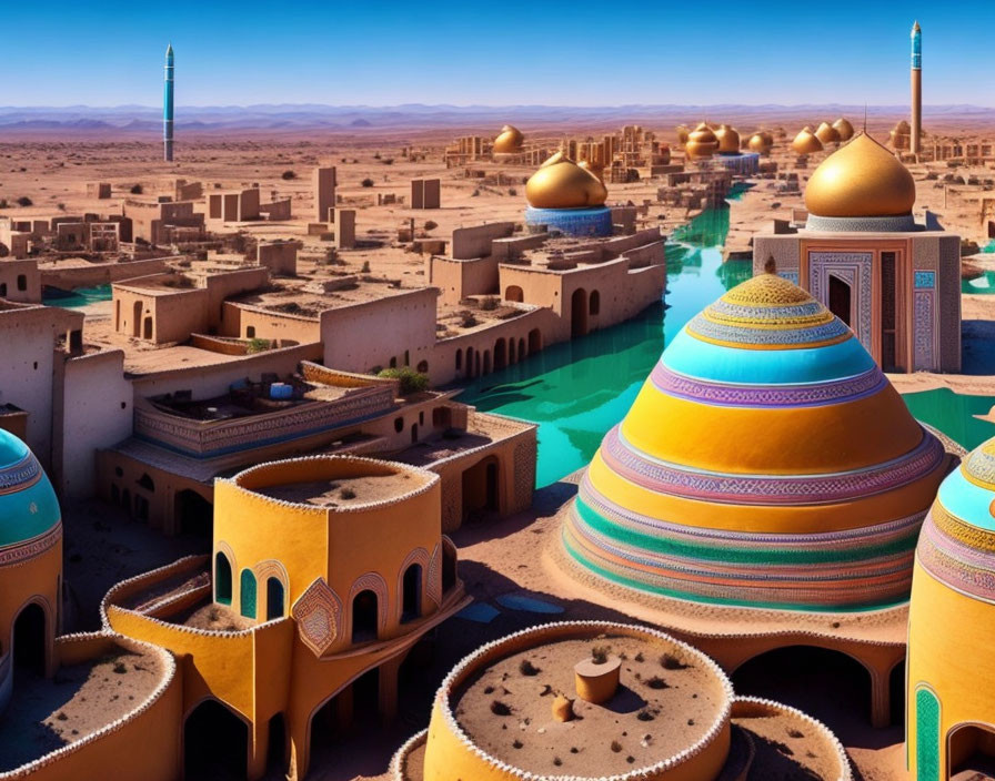 Colorful fantasy cityscape with golden domes and blue river