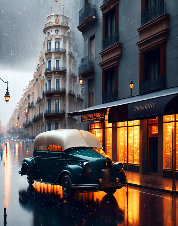 Vintage Car Parked on Rain-Soaked Street at Dusk