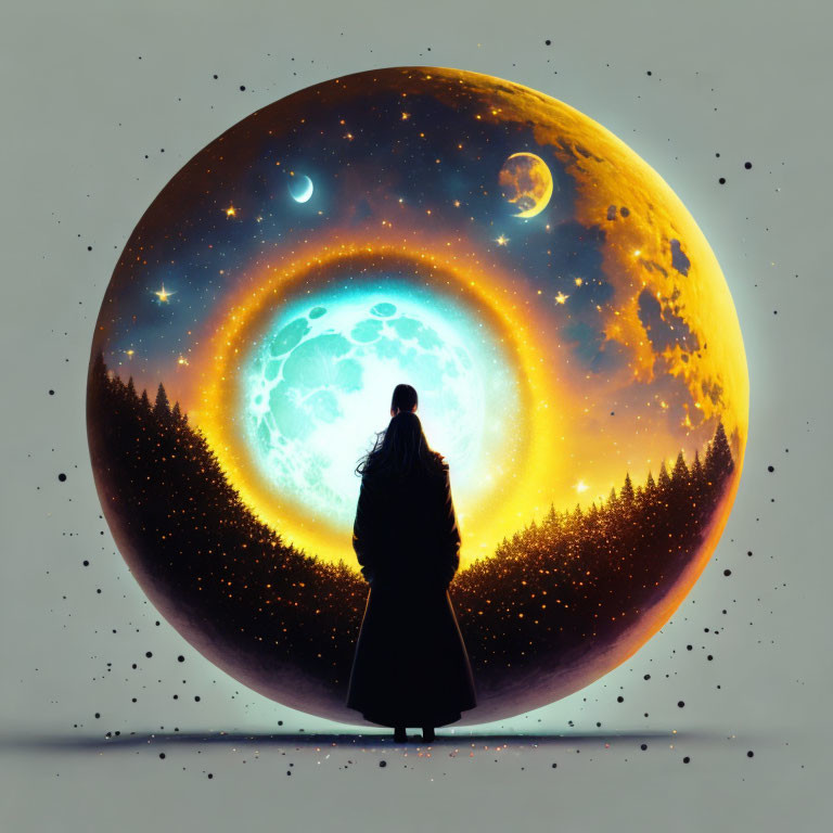 Person standing before surreal oversized moon in dark forest silhouette