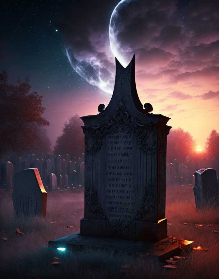 Gothic-style gravestone in misty cemetery at twilight