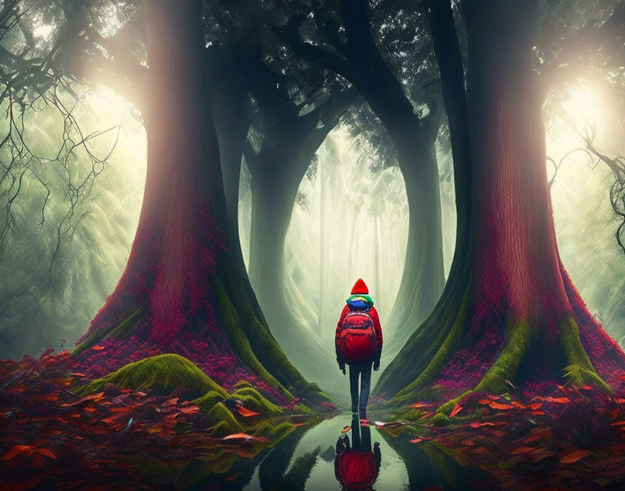 Person with colorful hat and red backpack walking among massive red-rooted trees in misty forest