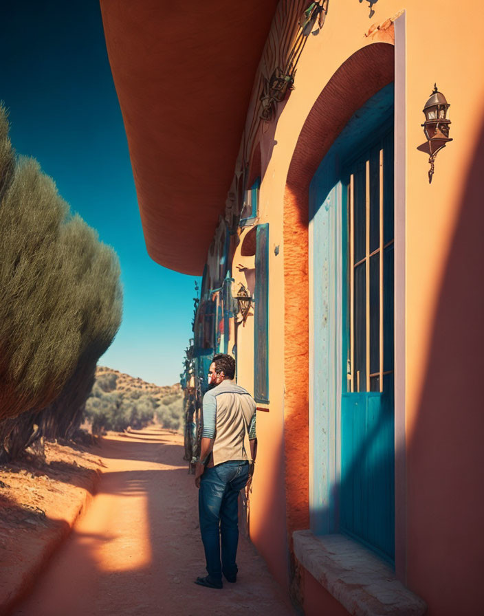 Man in casual attire by vibrant blue door and terracotta walls.