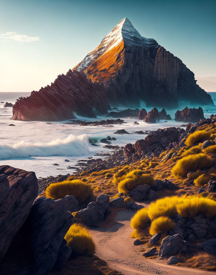 Vibrant sunset over rugged coastal mountain & crashing waves