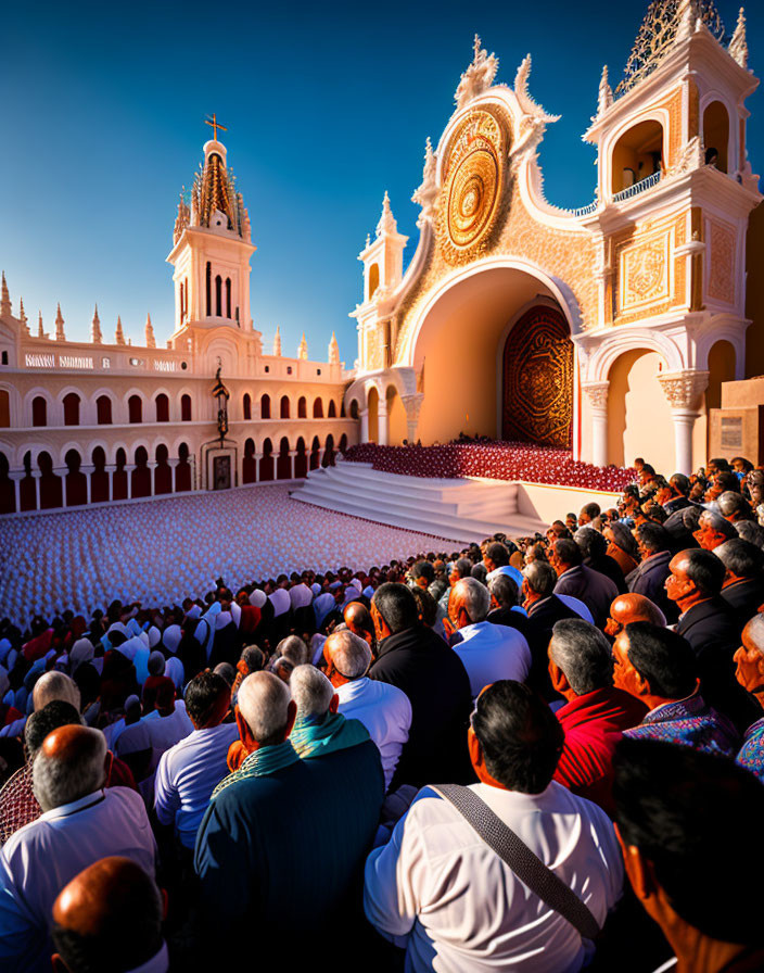 Crowd in white caps outside grand religious building under blue sky