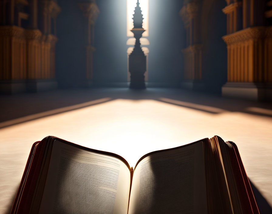 Open book with illuminated pages in dark, column-lined hall