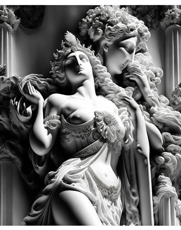 Monochrome image: Intricate sculptures of elegant figures with ornate headdresses and flowing drapery