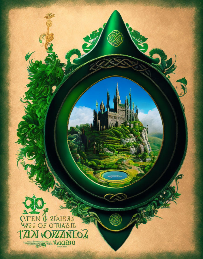 Stylized artwork of castle on hill with Celtic-inspired frame