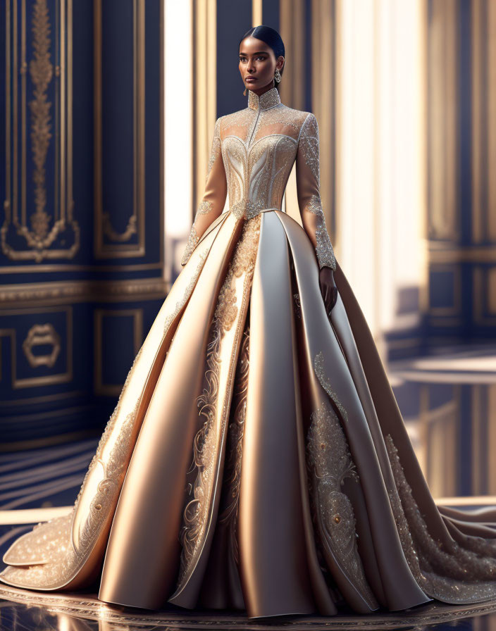 Elegant woman in floor-length gown with high collar and golden embroidery in classic room