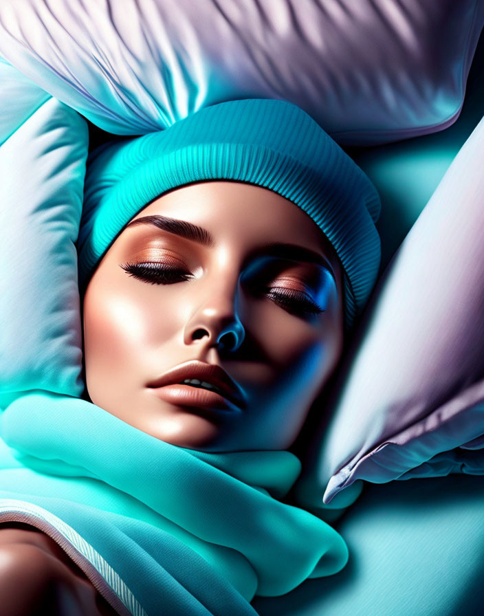 Woman in Blue Beanie and Gloves Resting Among Pillows with Serene Expression and Vibrant Makeup