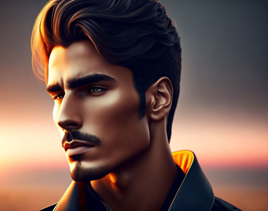 Stylized man with sharp features against sunset backdrop