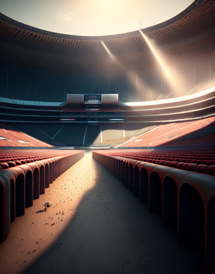 Sunlit empty stadium with long shadows on red seats.