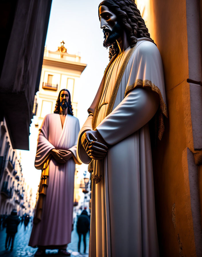 Serene robed figures statues in narrow alleyway