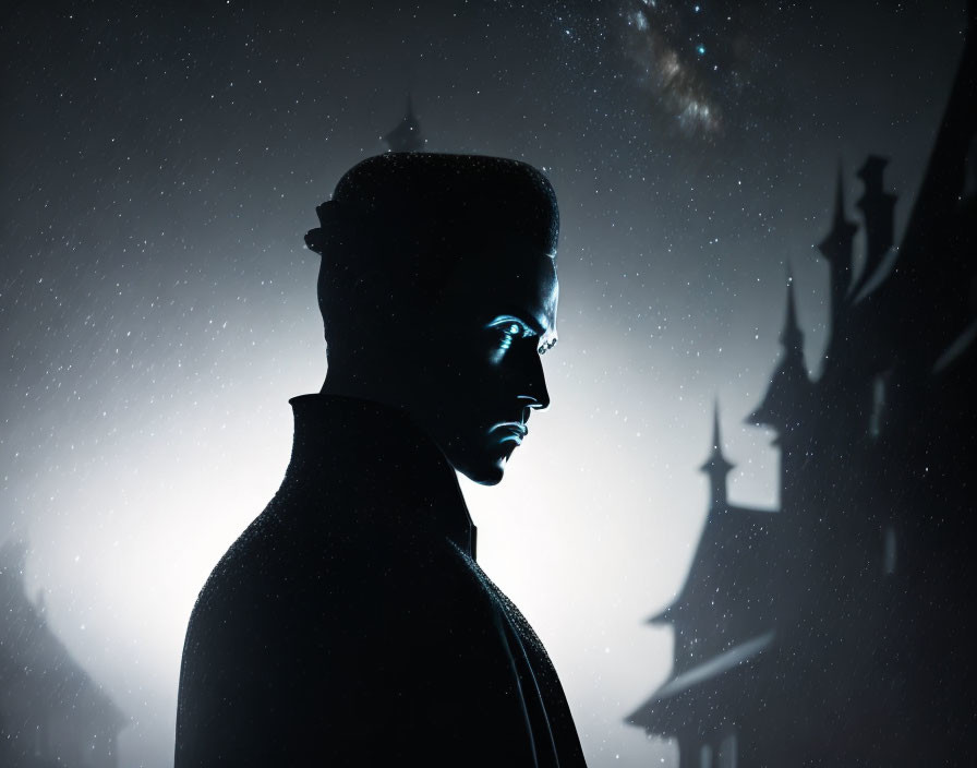 Mysterious male silhouette with glowing eyes in snowy castle scene