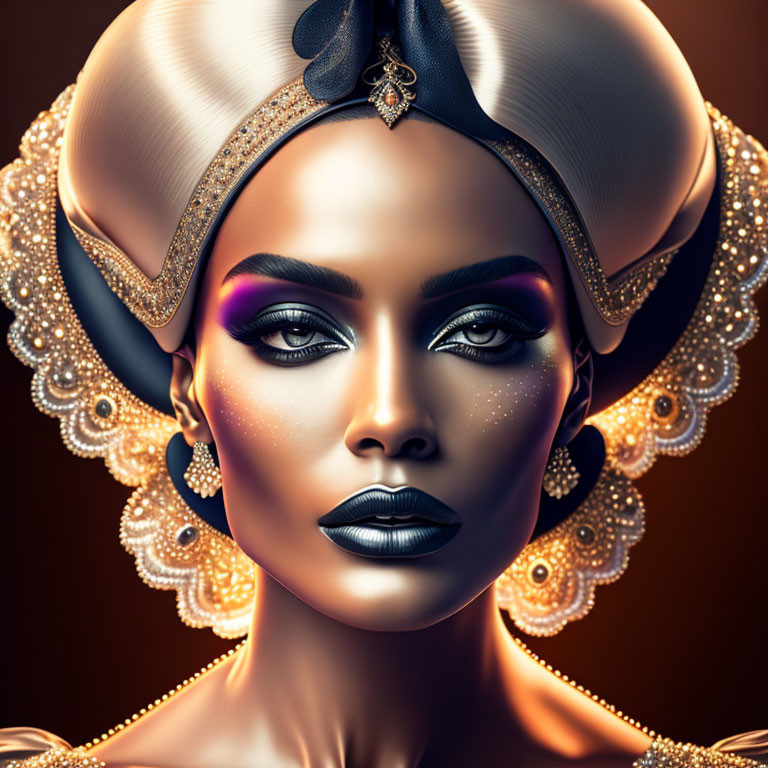 Elaborate woman portrait with striking makeup and ornate jewelry