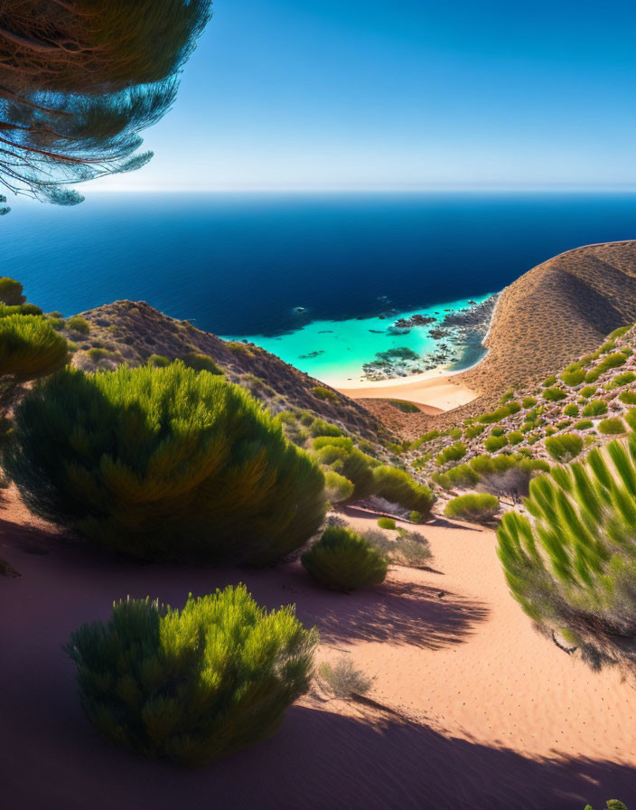 Coastal landscape with green shrubs, sandy dunes, and turquoise sea